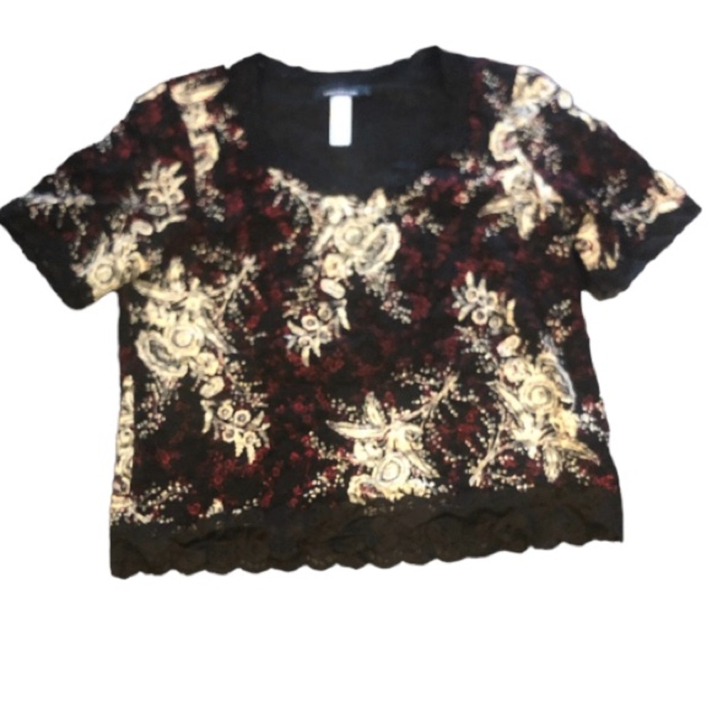 Jones New York XL stretch black blouse with red/white floral print